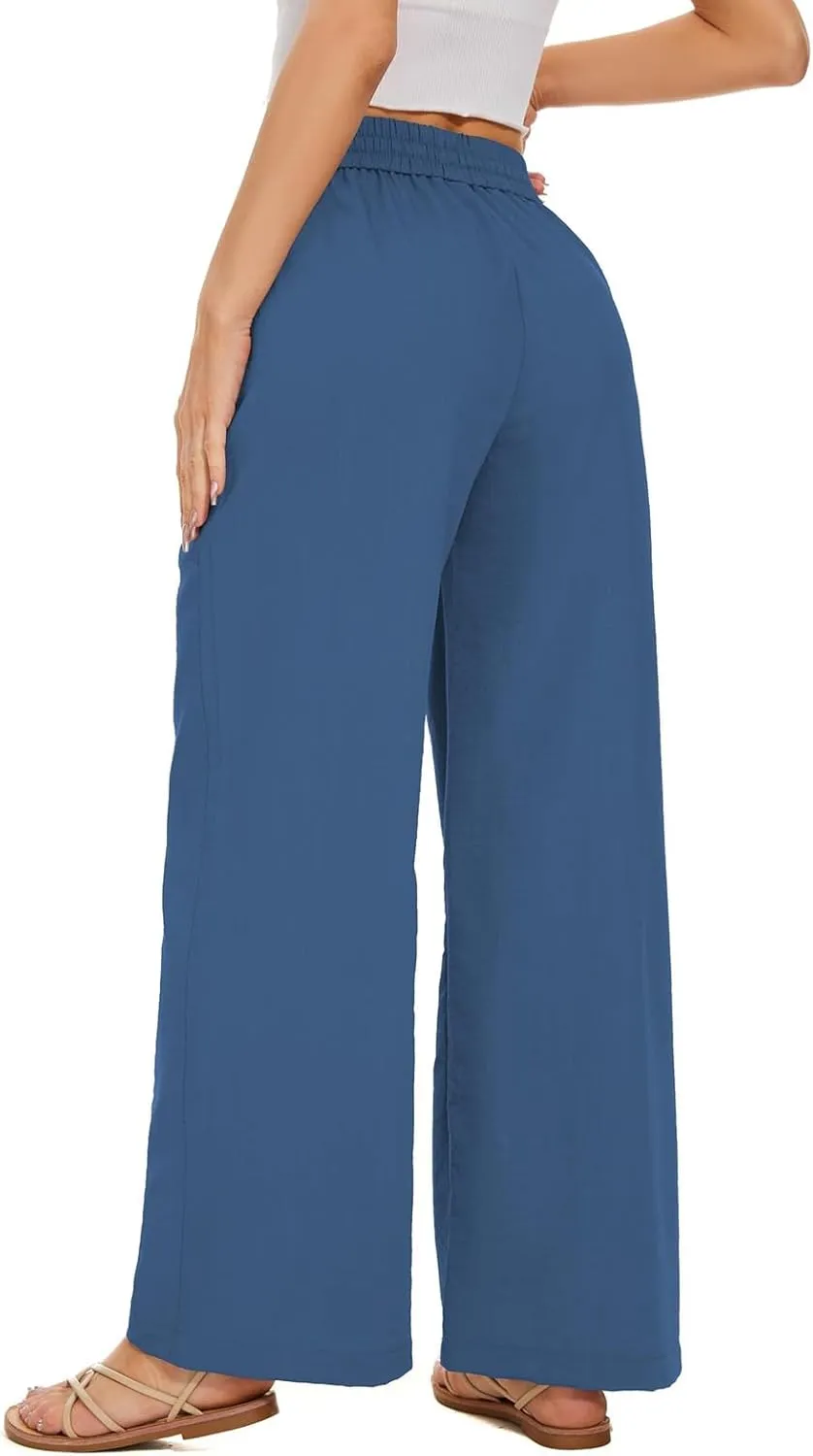 Women's Cotton Linen Pants Summer Casual Loose Drawstring High Waist Palazzo Wide Leg Capri Palazzo Loose Trousers