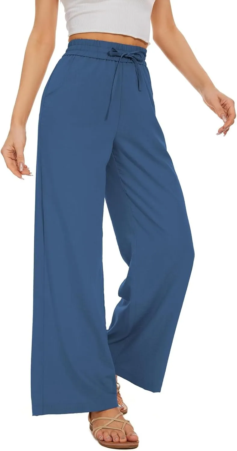 Women's Cotton Linen Pants Summer Casual Loose Drawstring High Waist Palazzo Wide Leg Capri Palazzo Loose Trousers