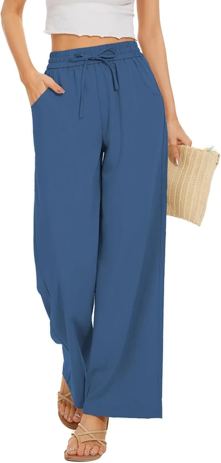 Women's Cotton Linen Pants Summer Casual Loose Drawstring High Waist Palazzo Wide Leg Capri Palazzo Loose Trousers