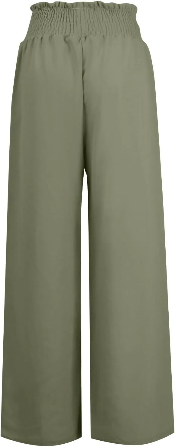 Women's Cotton Linen Summer Loose Palazzo Pants High Waist Baggy Stretchy Plus Size Palazzo Pants Beach