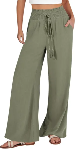 Women's Cotton Linen Summer Loose Palazzo Pants High Waist Baggy Stretchy Plus Size Palazzo Pants Beach