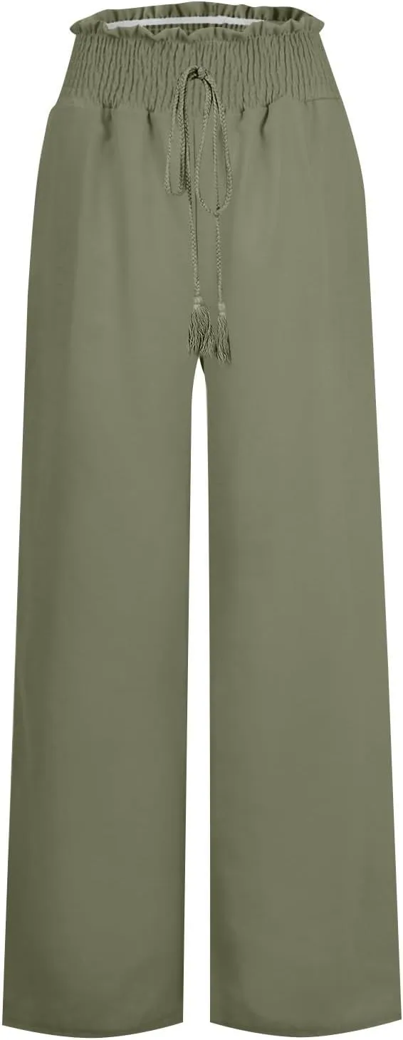 Women's Cotton Linen Summer Loose Palazzo Pants High Waist Baggy Stretchy Plus Size Palazzo Pants Beach