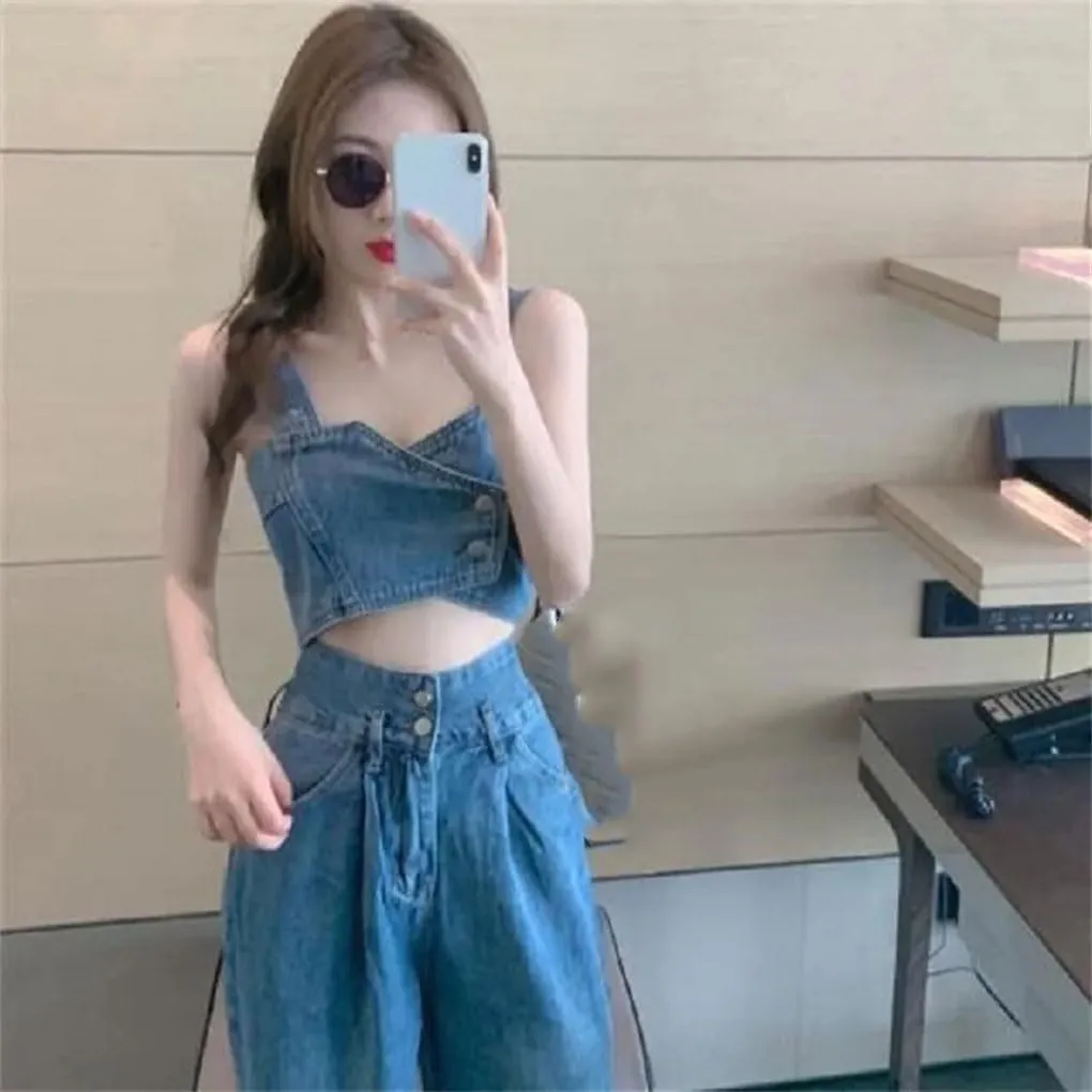 Women's Cowboy Jean Bra Camisole Tops Denim Sling Top Sleeveless Slim Vest