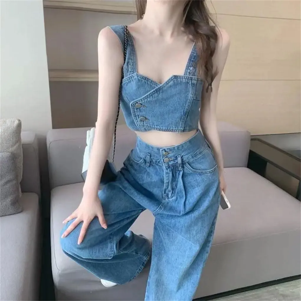 Women's Cowboy Jean Bra Camisole Tops Denim Sling Top Sleeveless Slim Vest