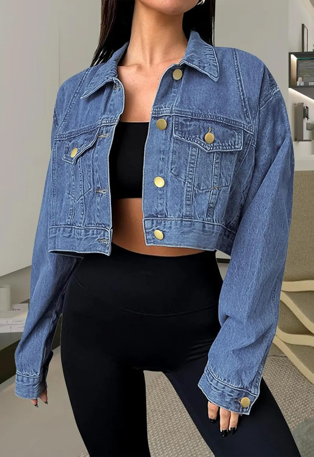 Women's Cropped Denim Jean Jacket Button Down Frayed Washed Long Sleeve Casual Jacket Coats