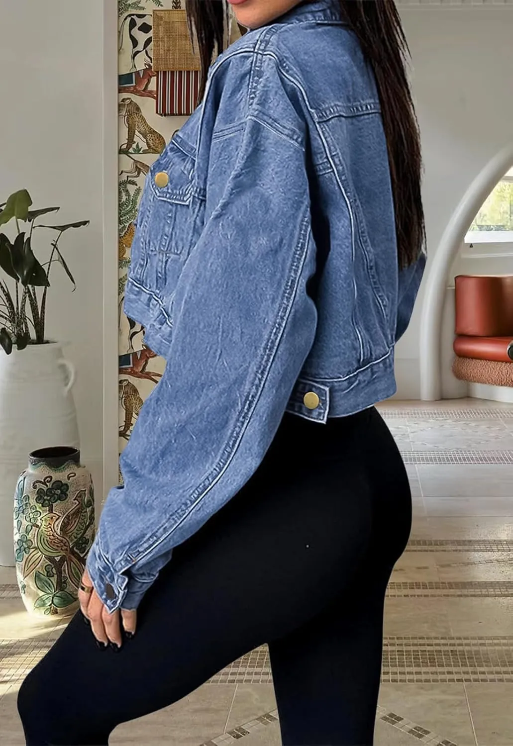 Women's Cropped Denim Jean Jacket Button Down Frayed Washed Long Sleeve Casual Jacket Coats