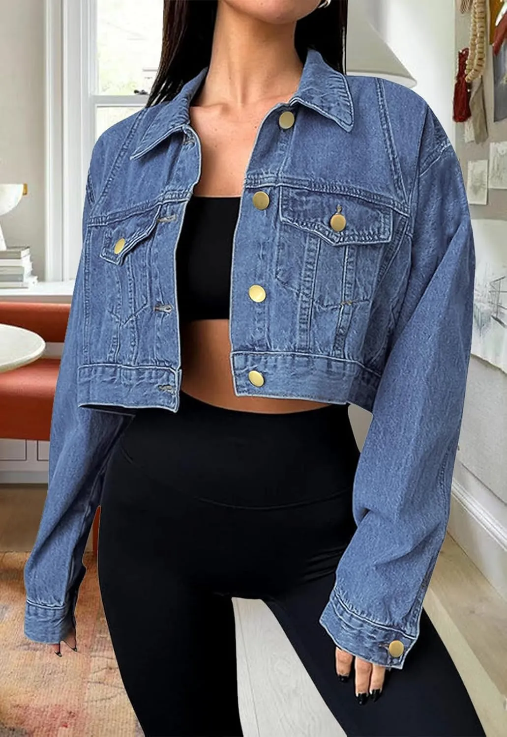 Women's Cropped Denim Jean Jacket Button Down Frayed Washed Long Sleeve Casual Jacket Coats