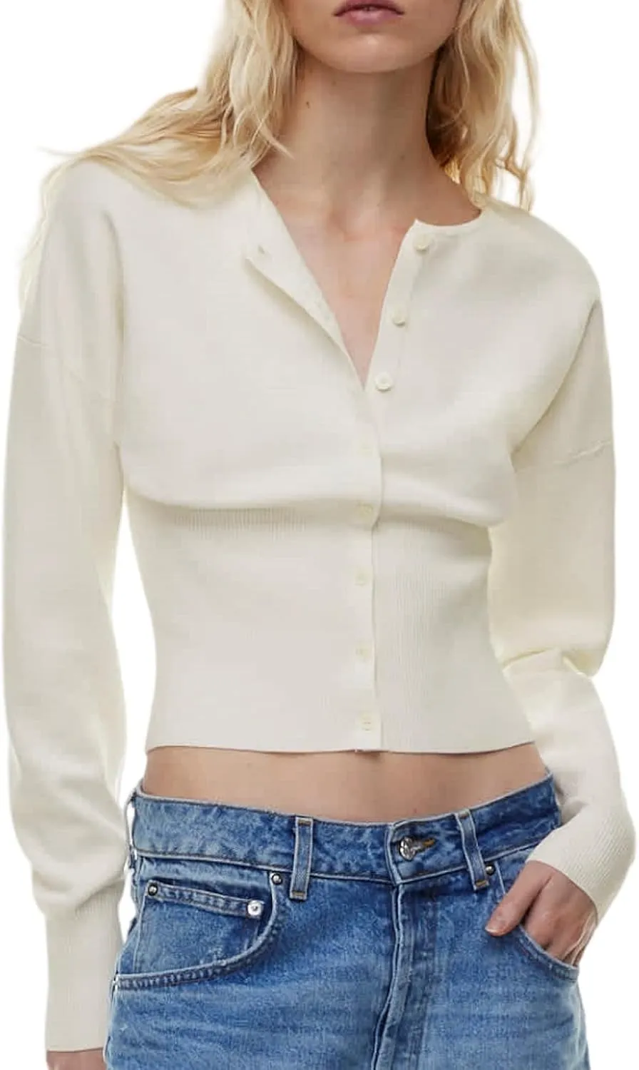 Womens Cropped Sweaters Button Down V Neck Long Sleeve Pullover Fall Solid Casual Slim Fit Ribbed Knit Cardigan White