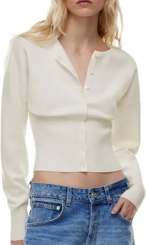 Womens Cropped Sweaters Button Down V Neck Long Sleeve Pullover Fall Solid Casual Slim Fit Ribbed Knit Cardigan White