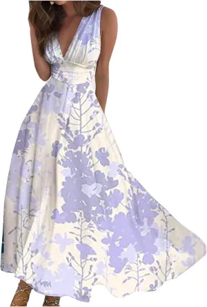 Womens Dresses Flowy Ruched Floral Print Boho Dress Wrap V Neck Sleeveless Sundress Elegant Beach Dresses