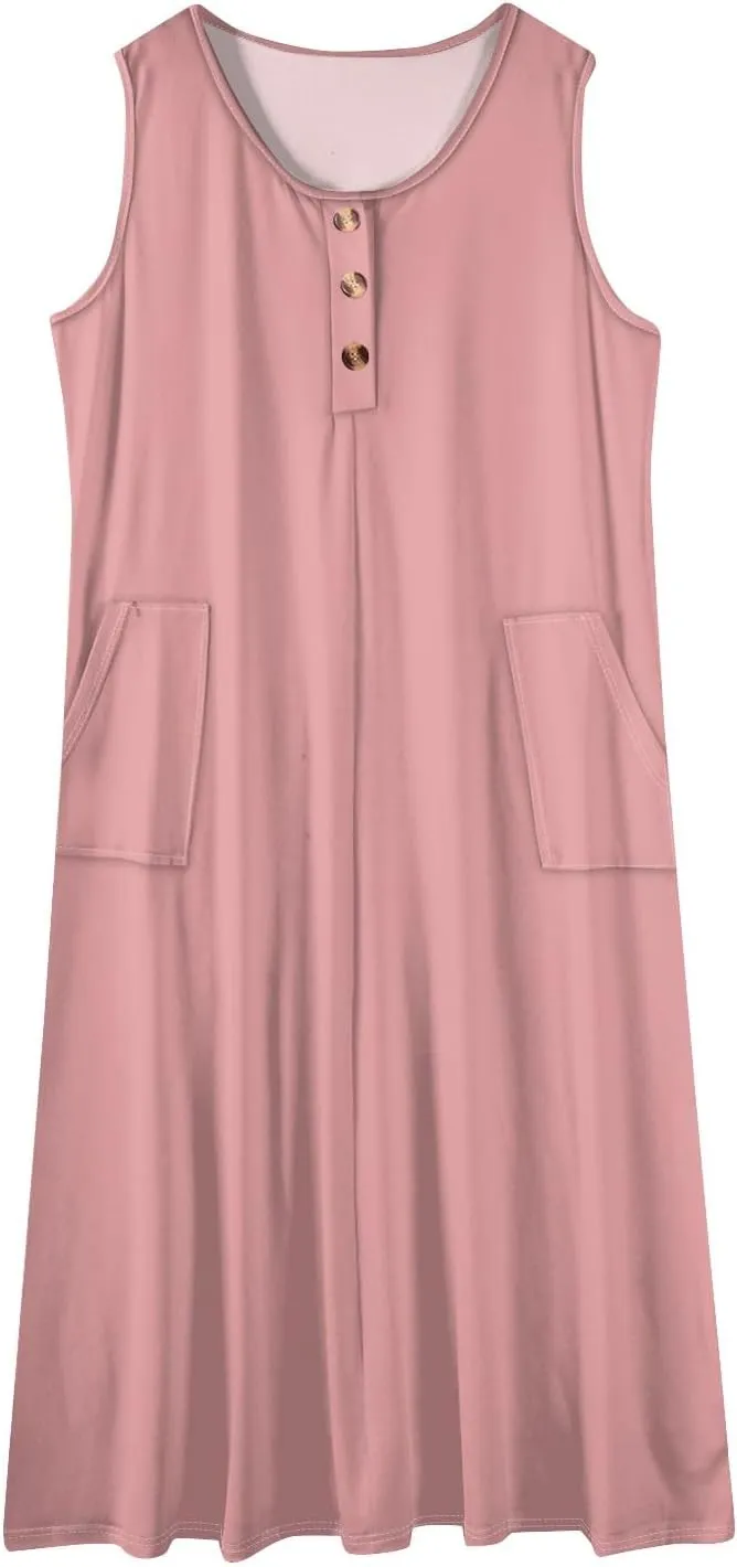 Womens Dresses Sleeveless Button Down Casual Loose Long Beach Sundress Travel Vacation Outfits