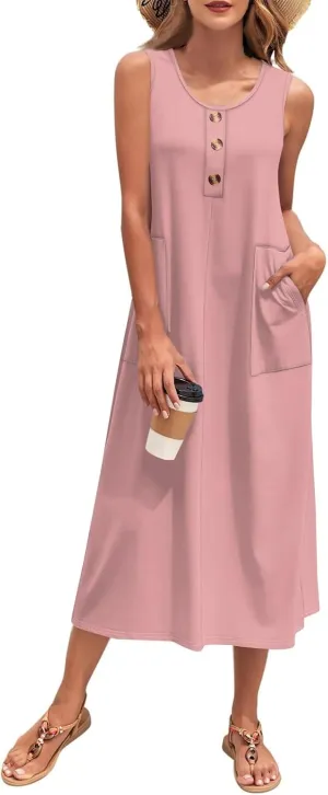 Womens Dresses Sleeveless Button Down Casual Loose Long Beach Sundress Travel Vacation Outfits