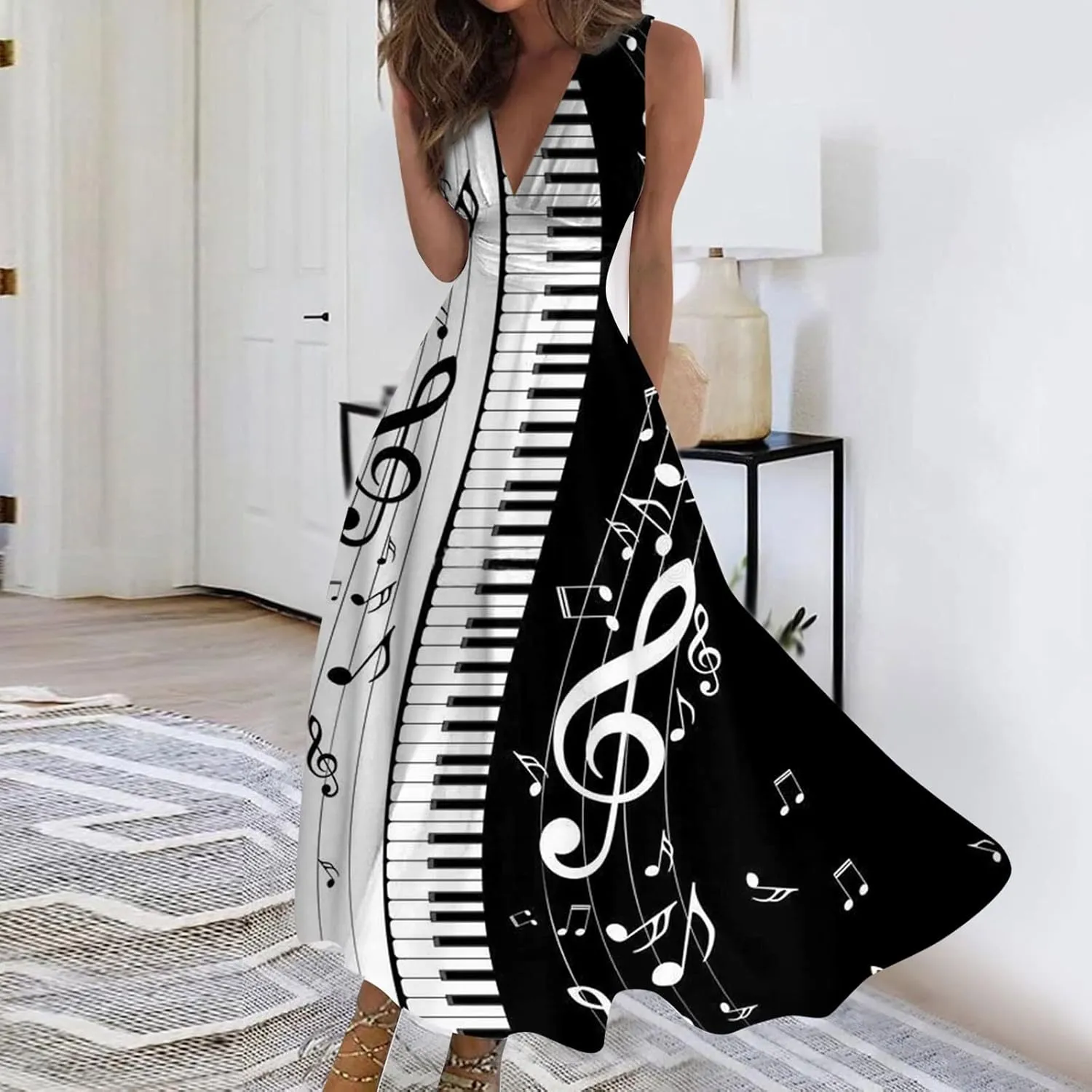 Womens Dresses Wrap V Neck Flowy Ruched Beach Dresses Sleeveless Floral Print Sundresses Elegant Maxi Dress