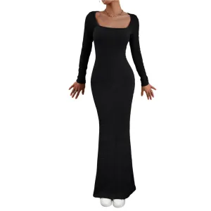 Women's Fall Long Sleeve Sweater Dress Square Neck Side Slit Bodycon Dress