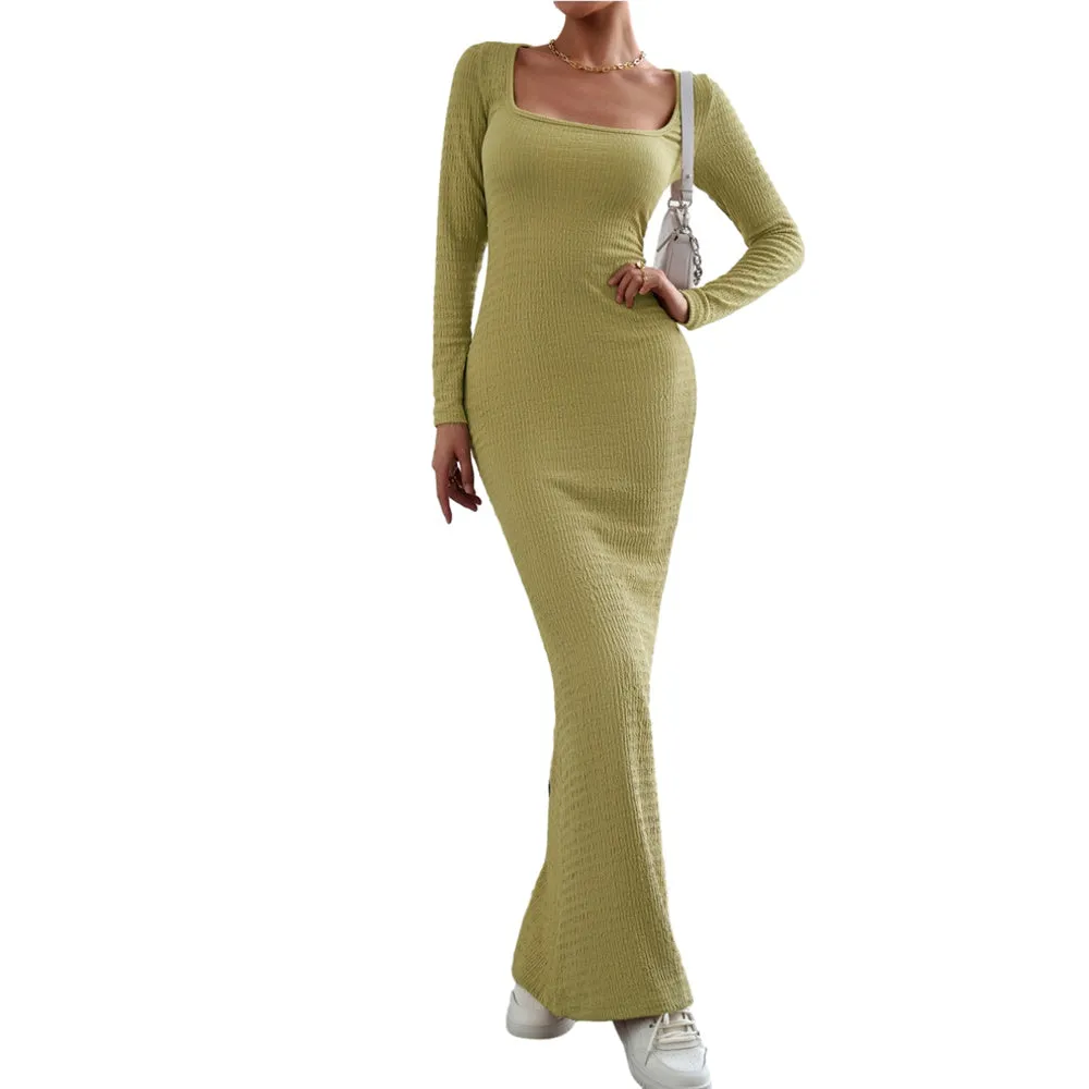 Women's Fall Long Sleeve Sweater Dress Square Neck Side Slit Bodycon Dress