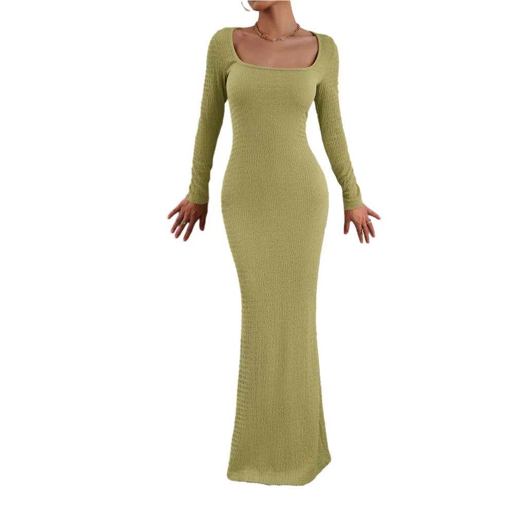 Women's Fall Long Sleeve Sweater Dress Square Neck Side Slit Bodycon Dress