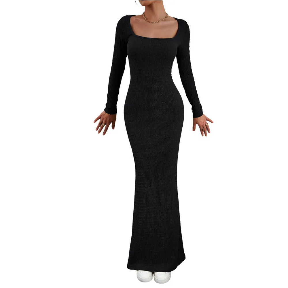 Women's Fall Long Sleeve Sweater Dress Square Neck Side Slit Bodycon Dress