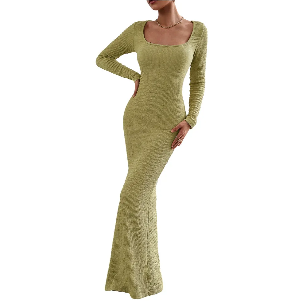 Women's Fall Long Sleeve Sweater Dress Square Neck Side Slit Bodycon Dress