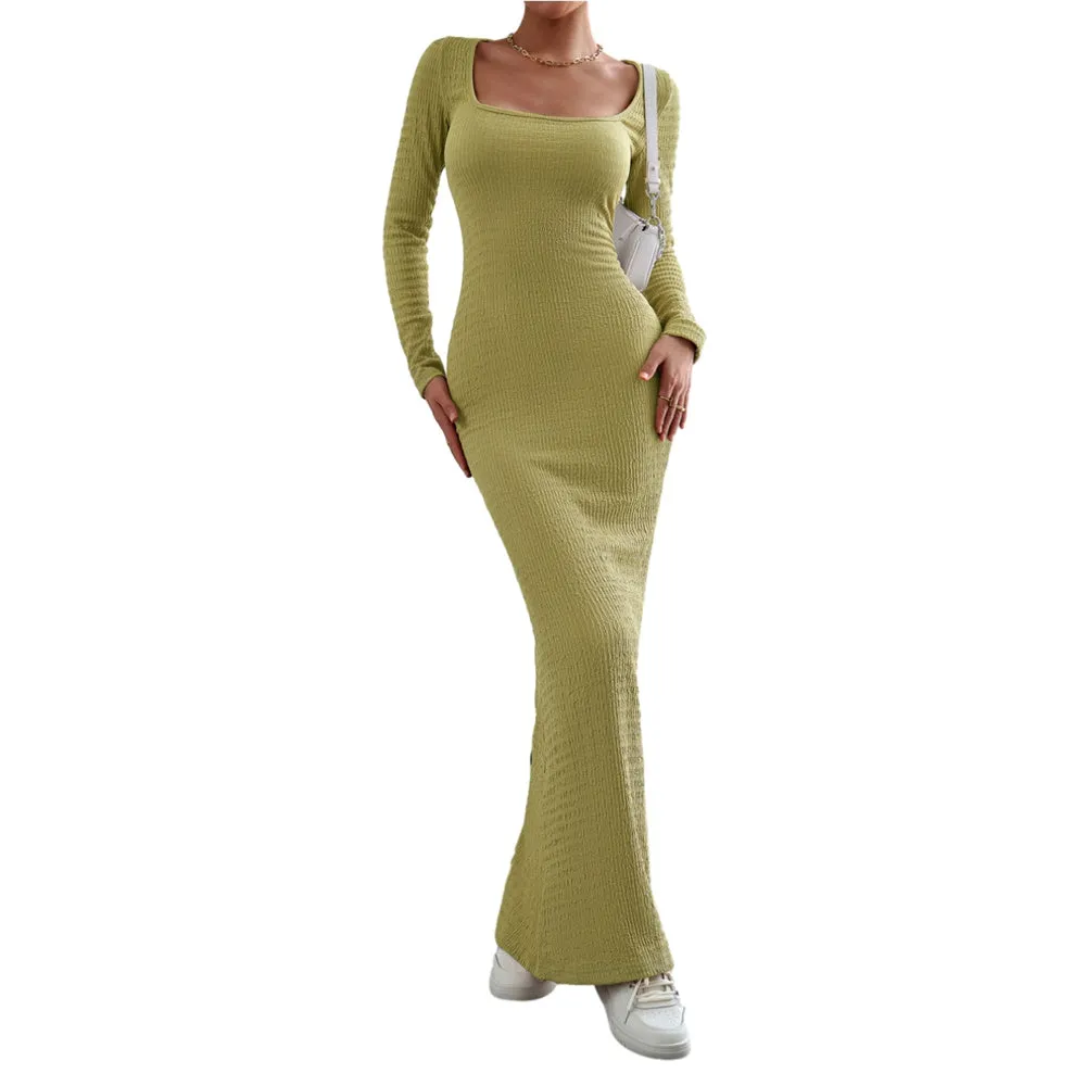 Women's Fall Long Sleeve Sweater Dress Square Neck Side Slit Bodycon Dress