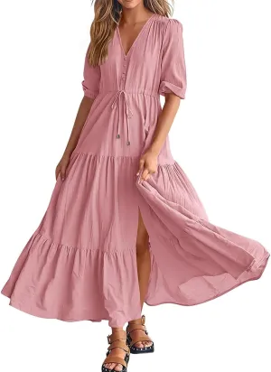 Women's Fall Maxi Dress V Neck Long Sleeve Tiered Ruffle Flowy A Line Cocktail Party Dresses