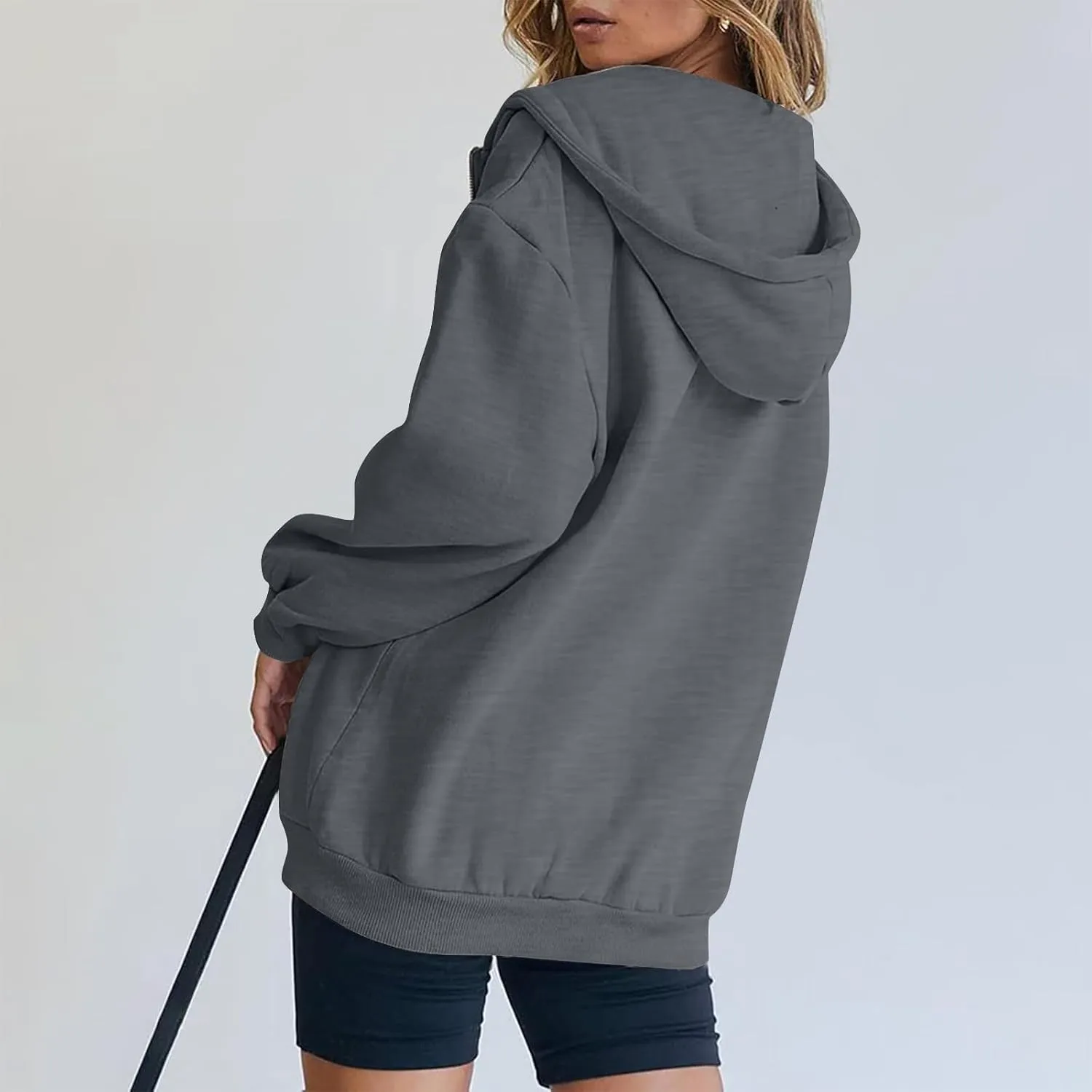 Womens Full Zip Hoodie Y2K Drop Shoulder Fleece Oversized Sweatshirt Baggy Lightweight Comfy Hooded Jackets w/Pockets