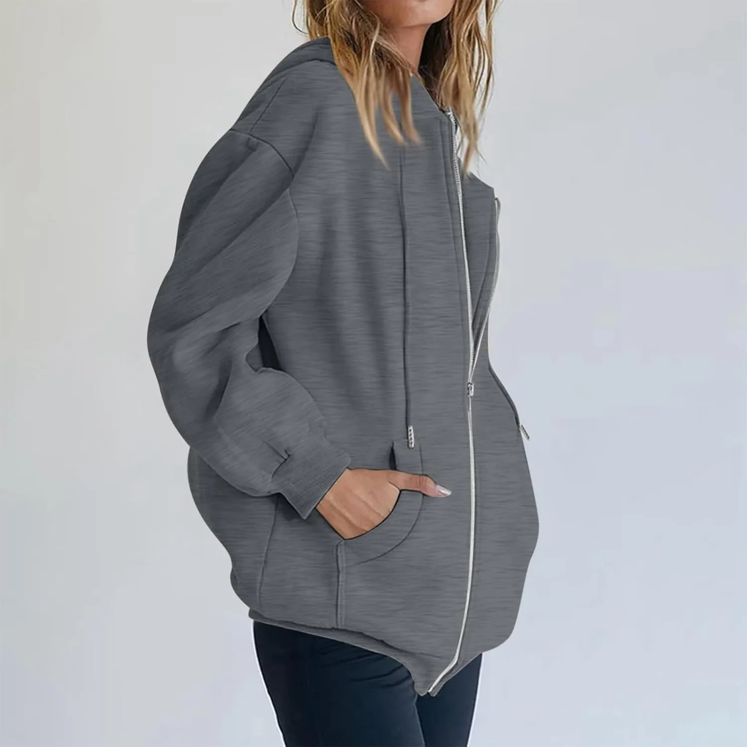 Womens Full Zip Hoodie Y2K Drop Shoulder Fleece Oversized Sweatshirt Baggy Lightweight Comfy Hooded Jackets w/Pockets