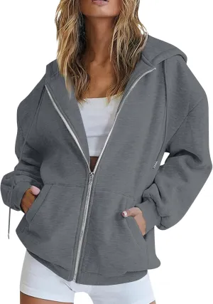 Womens Full Zip Hoodie Y2K Drop Shoulder Fleece Oversized Sweatshirt Baggy Lightweight Comfy Hooded Jackets w/Pockets
