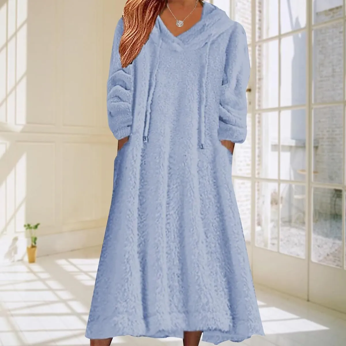 Women's Fuzzy Fleece Hoodie Maxi Dress Fall Winter Casual Long Sleeve Flannel A Line Sherpa Hooded Sweatshirt Dress