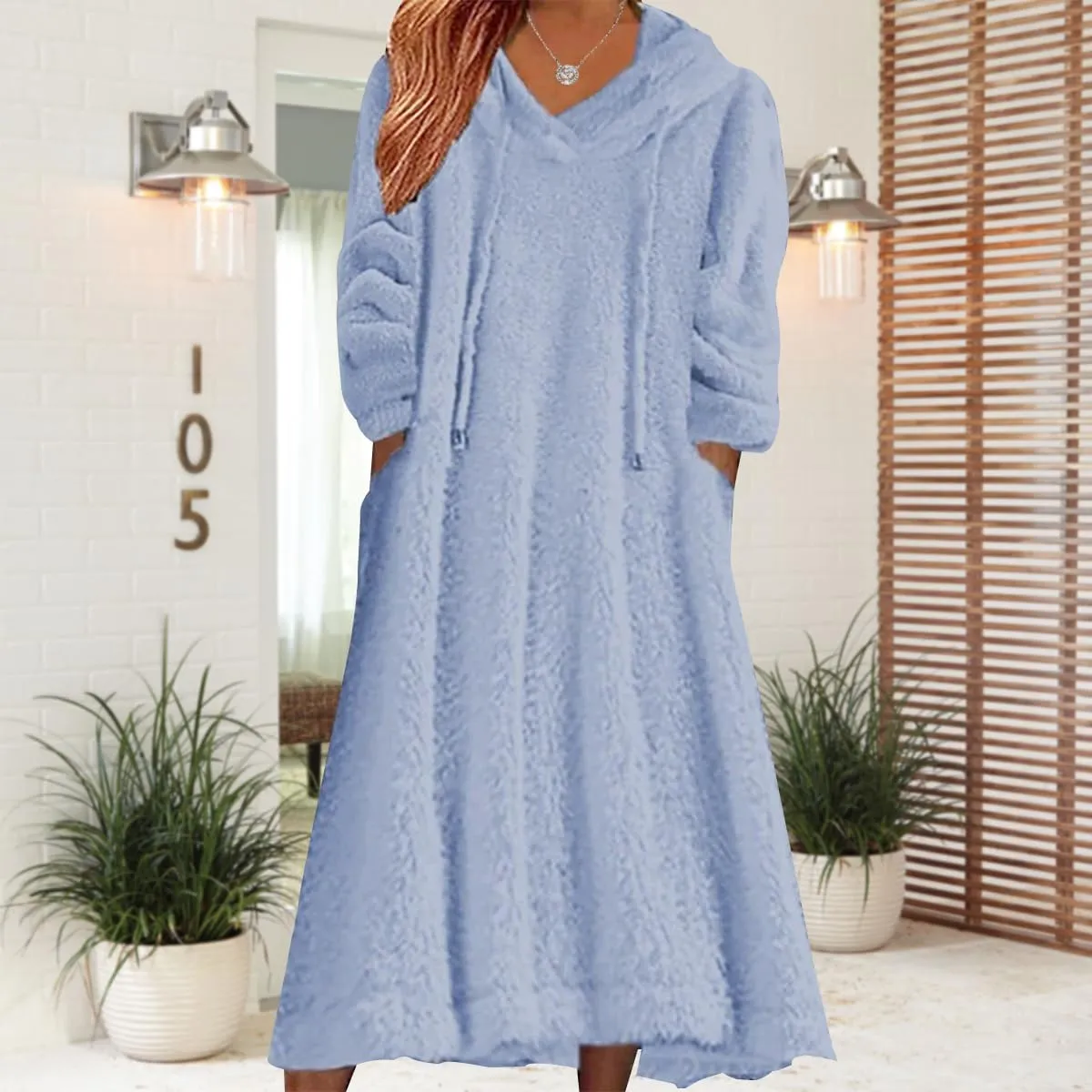 Women's Fuzzy Fleece Hoodie Maxi Dress Fall Winter Casual Long Sleeve Flannel A Line Sherpa Hooded Sweatshirt Dress