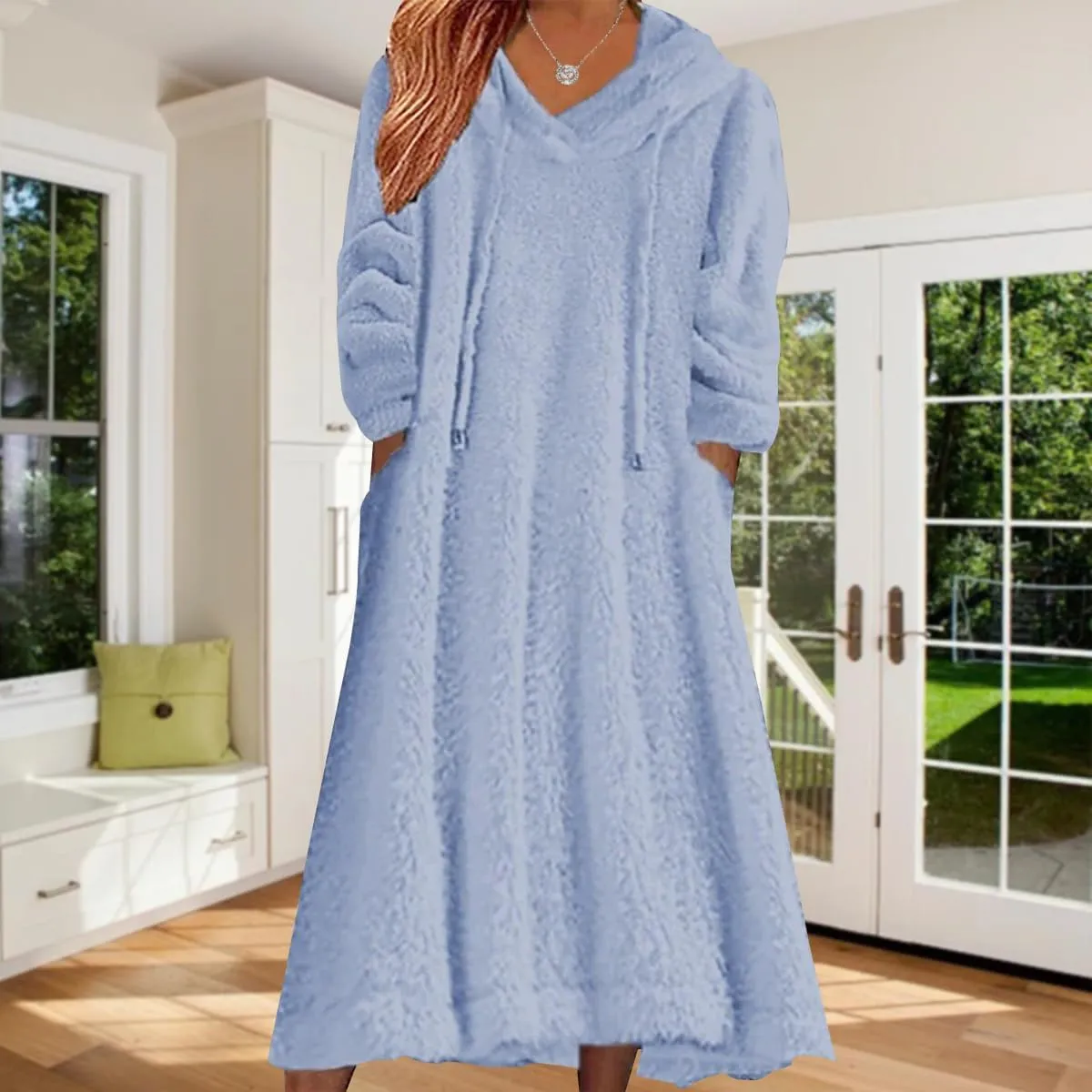 Women's Fuzzy Fleece Hoodie Maxi Dress Fall Winter Casual Long Sleeve Flannel A Line Sherpa Hooded Sweatshirt Dress