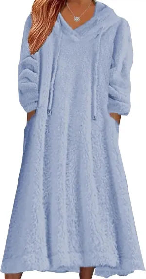 Women's Fuzzy Fleece Hoodie Maxi Dress Fall Winter Casual Long Sleeve Flannel A Line Sherpa Hooded Sweatshirt Dress