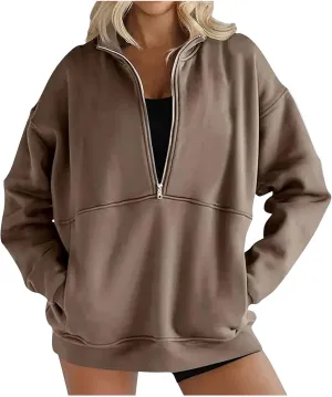 Women's Half Zip Sweatshirts Long Sleeve Drop Shoulder Pullover Casual Oversized Hoodies with Pocket