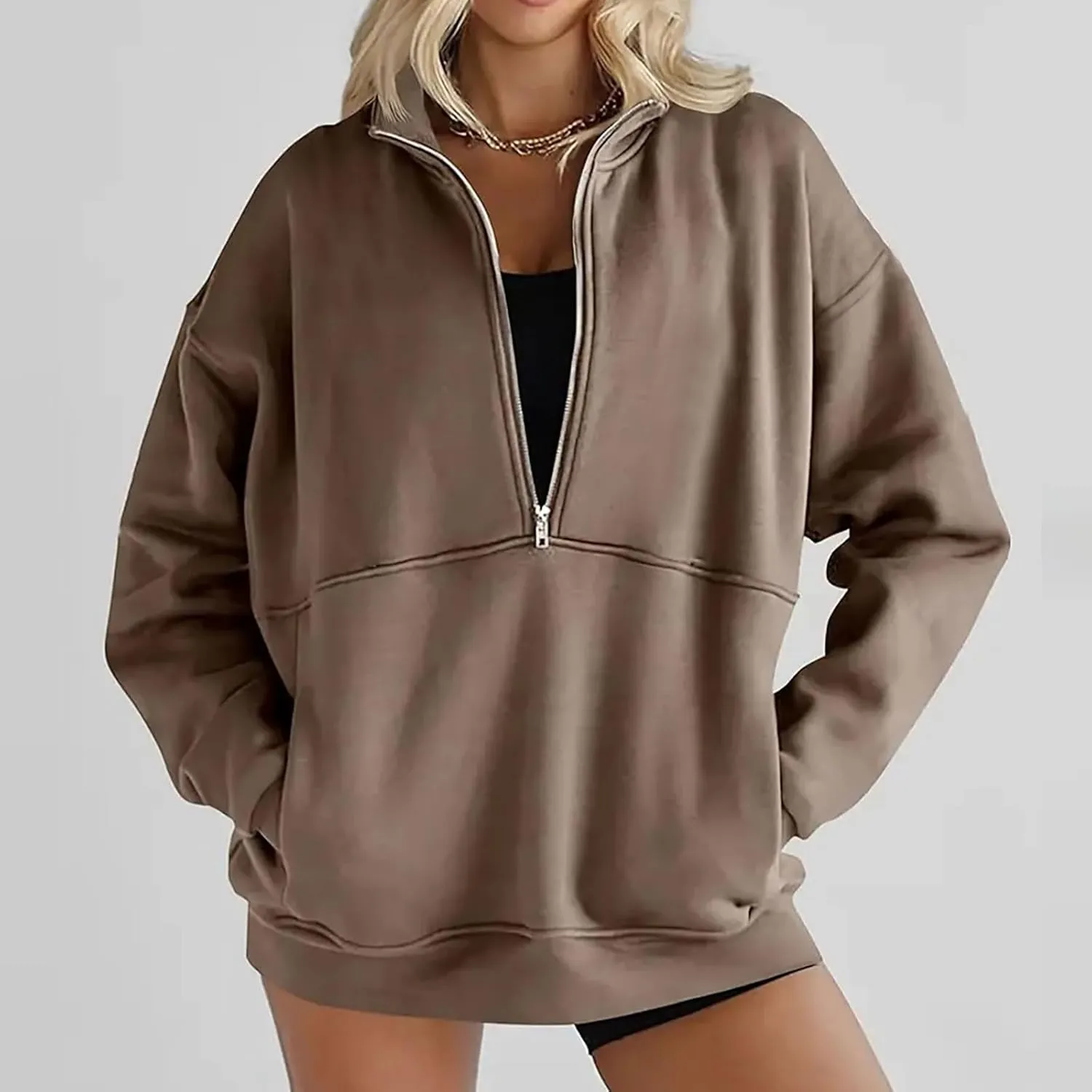 Women's Half Zip Sweatshirts Long Sleeve Drop Shoulder Pullover Casual Oversized Hoodies with Pocket