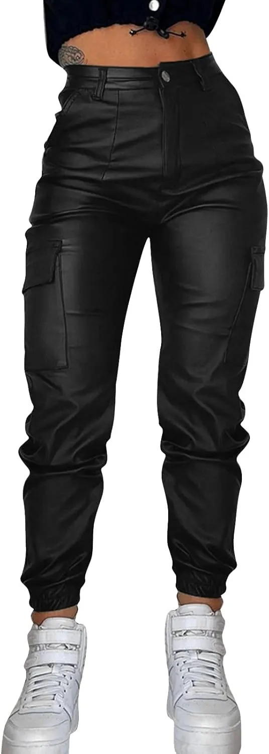 Womens Hight Waisted Stretch Faux Leather Pants PU Coated Moto Biker Legging Baggy Jogger Cargo Pants with Pockets