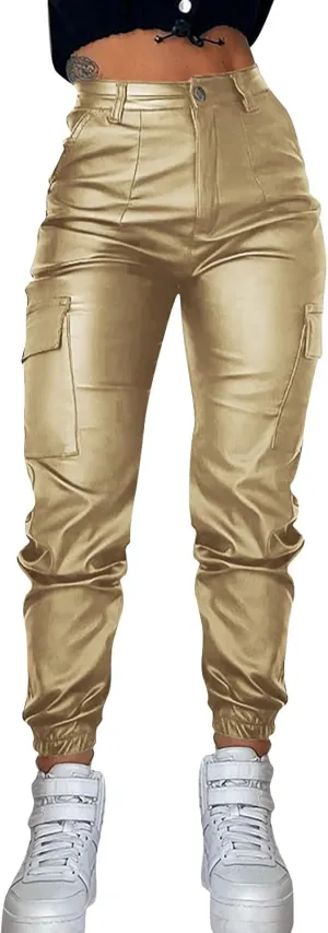 Womens Hight Waisted Stretch Faux Leather Pants PU Coated Moto Biker Legging Baggy Jogger Cargo Pants with Pockets