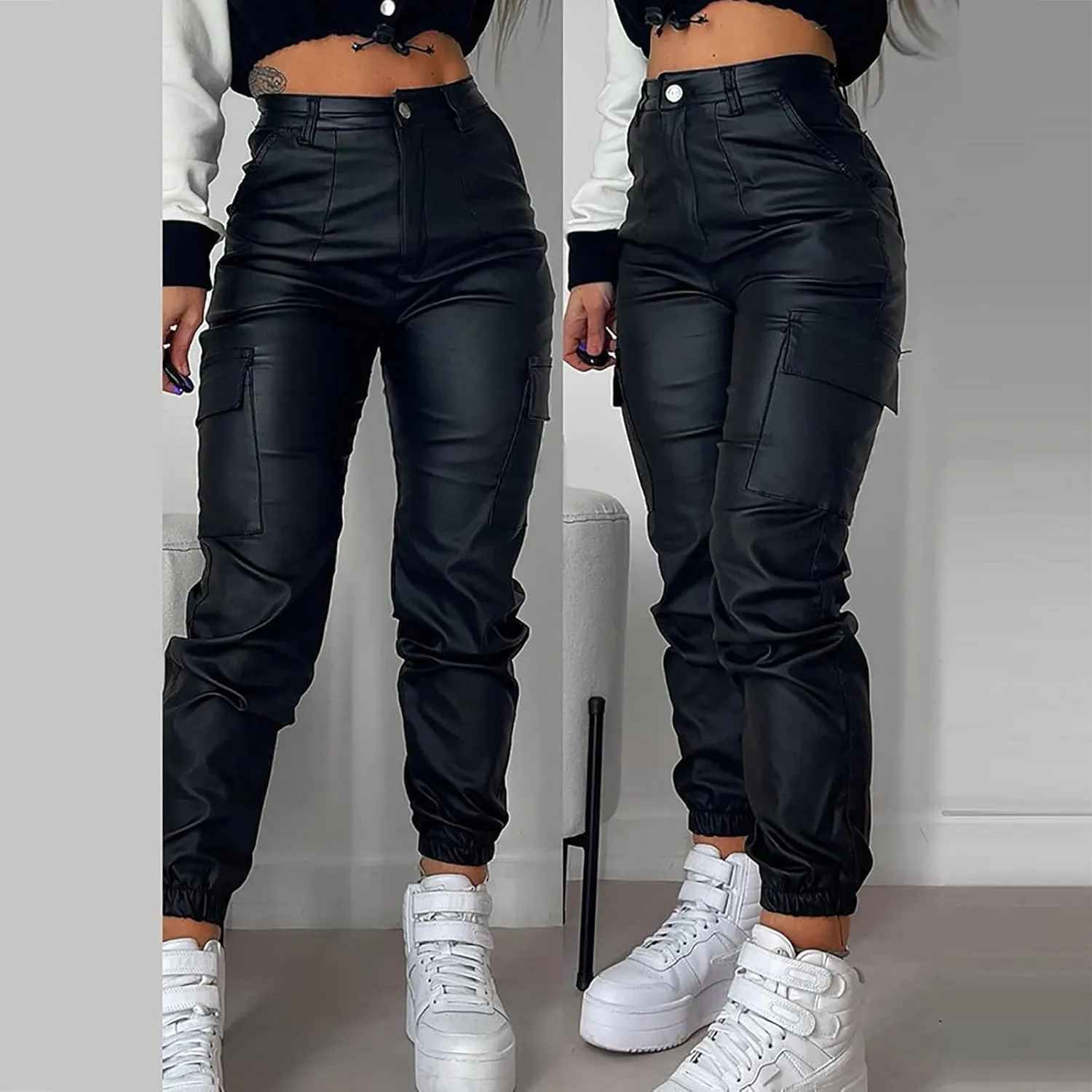 Womens Hight Waisted Stretch Faux Leather Pants PU Coated Moto Biker Legging Baggy Jogger Cargo Pants with Pockets
