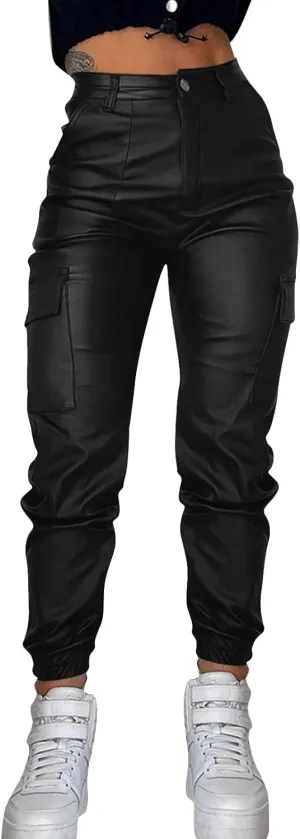 Womens Hight Waisted Stretch Faux Leather Pants PU Coated Moto Biker Legging Baggy Jogger Cargo Pants with Pockets