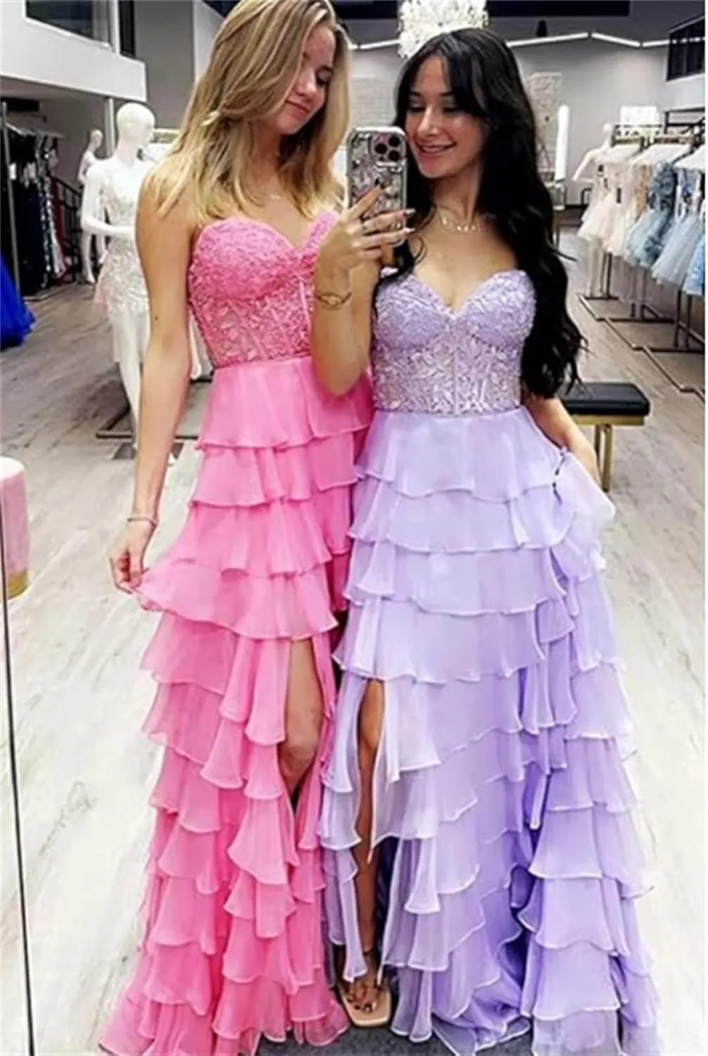 Women's Lace Applique Long Ball Dress Strapless Chiffon Formal Evening Dress with Slit