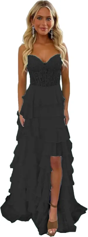 Women's Lace Applique Long Ball Dress Strapless Chiffon Formal Evening Dress with Slit