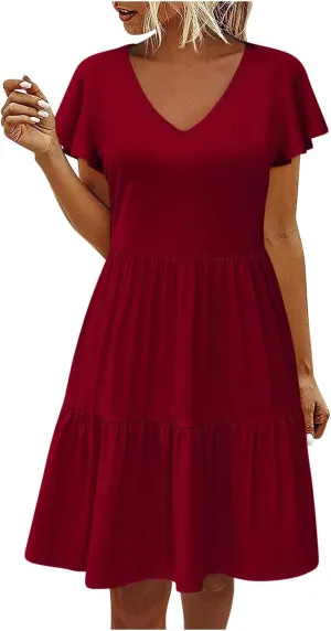 Womens Layered Dresses Ruffle Short Sleeve V Neck Dress Fashion Trending Swing Mini Dress A-Line Outfits