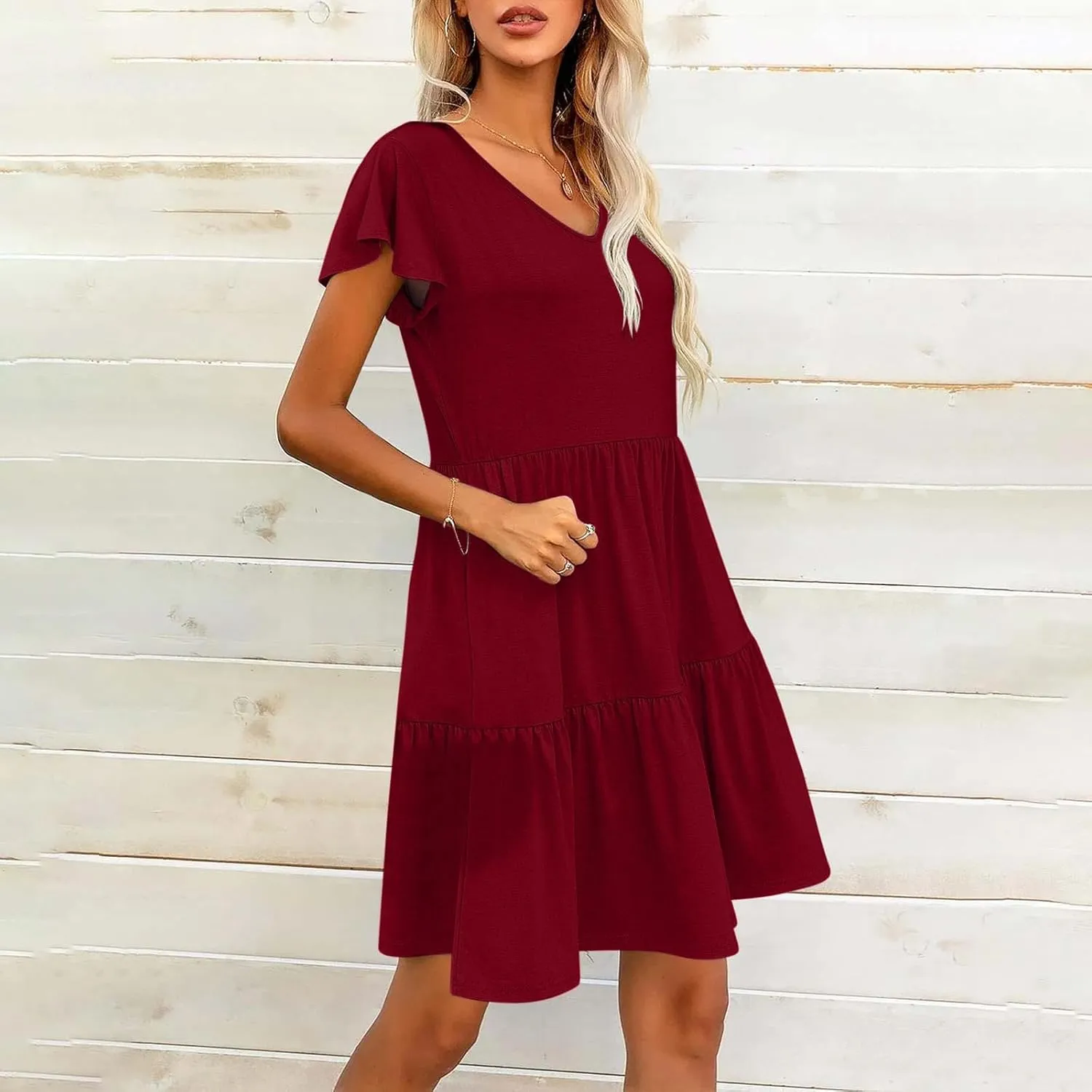 Womens Layered Dresses Ruffle Short Sleeve V Neck Dress Fashion Trending Swing Mini Dress A-Line Outfits