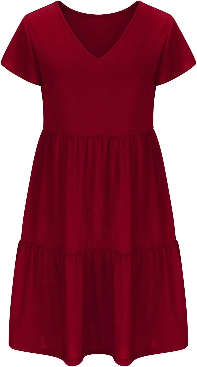 Womens Layered Dresses Ruffle Short Sleeve V Neck Dress Fashion Trending Swing Mini Dress A-Line Outfits