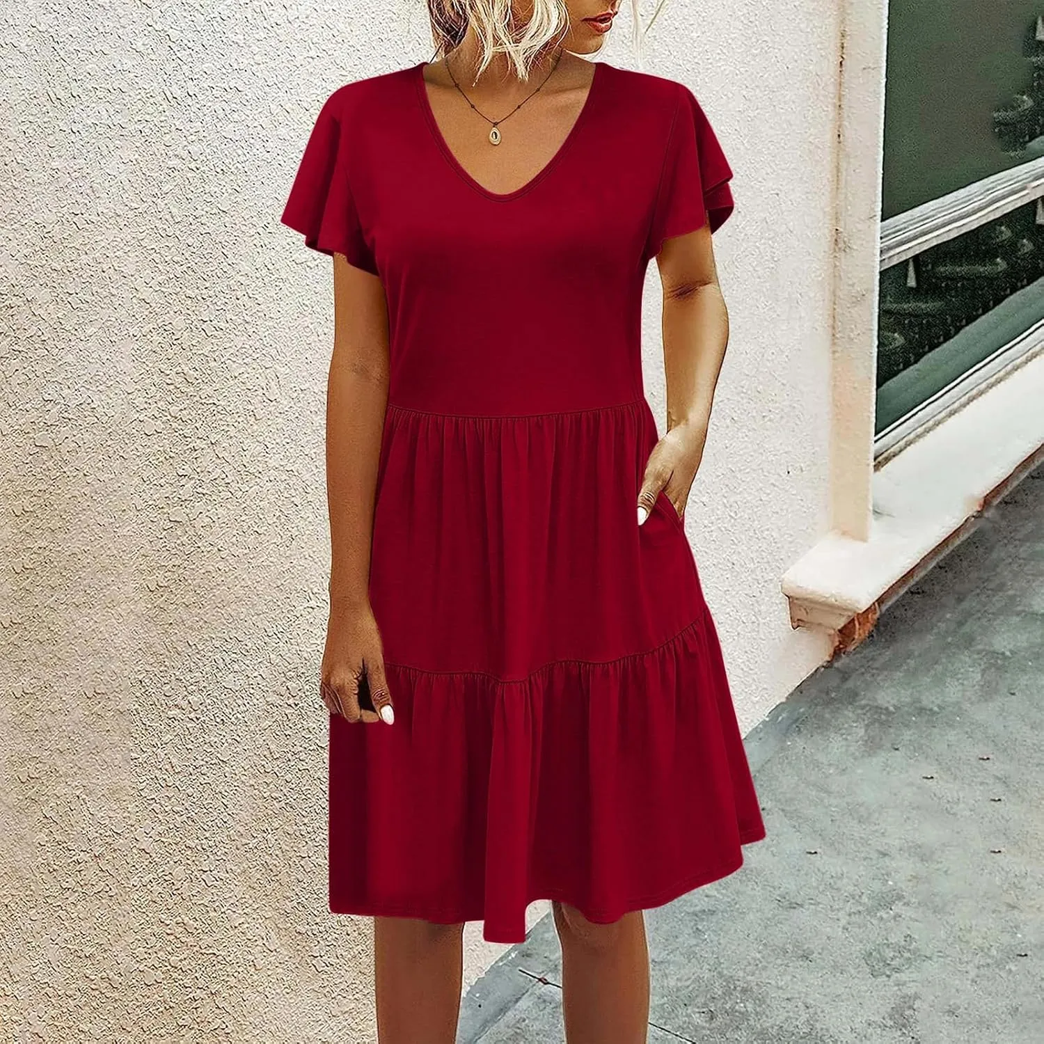 Womens Layered Dresses Ruffle Short Sleeve V Neck Dress Fashion Trending Swing Mini Dress A-Line Outfits