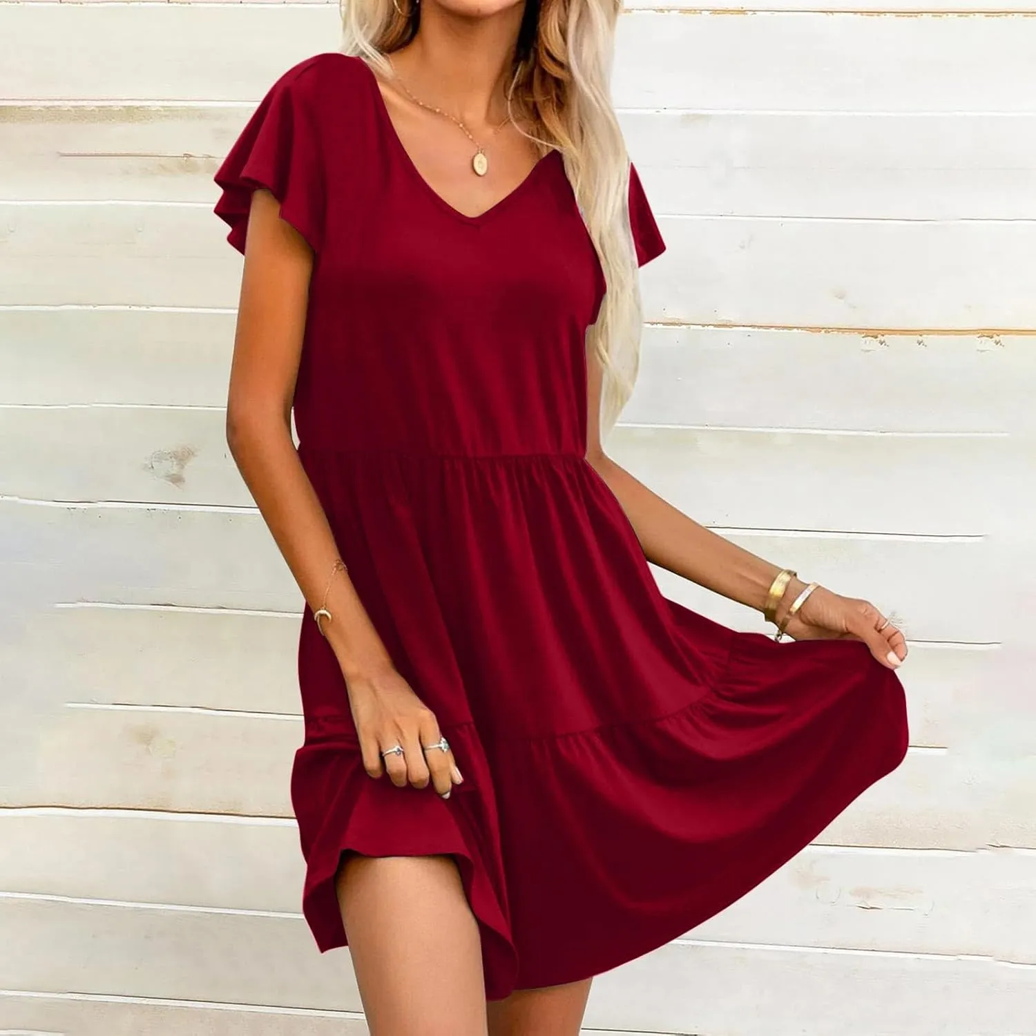 Womens Layered Dresses Ruffle Short Sleeve V Neck Dress Fashion Trending Swing Mini Dress A-Line Outfits