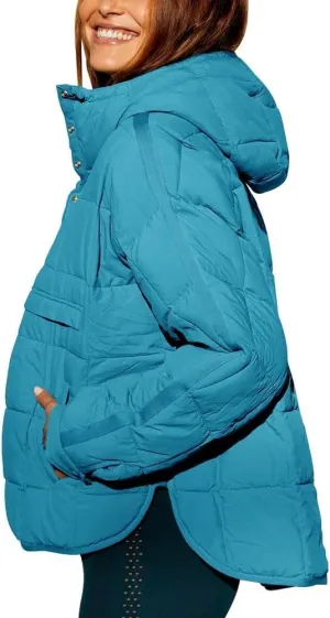 Women's Lightweight Down Jacket Sweatshirt Half Button Foldable Hooded Long Sleeved Lightweight Warm Top Jacket