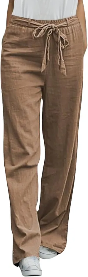 Women's Linen Blend Summer Casual Loose Pants Elastic Waist Lounge Pants Slim Fit Pant Trousers Work Business