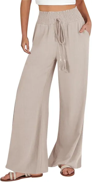 Women's Linen Blend Summer Lightweigt Pant Trousers Elastic Waisted Wide Leg Slim-Fit Pants Beach