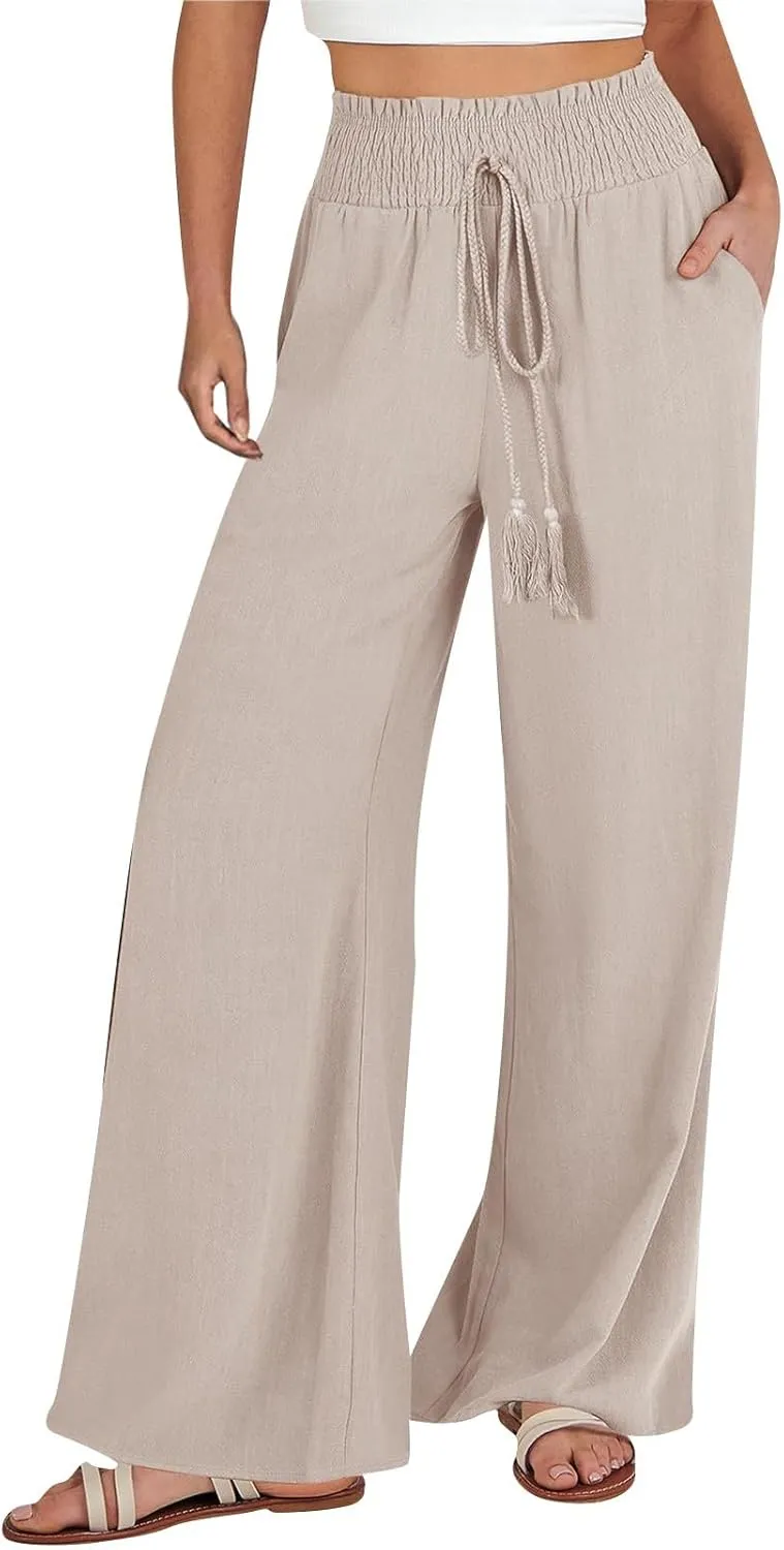 Women's Linen Blend Summer Lightweigt Pant Trousers Elastic Waisted Wide Leg Slim-Fit Pants Beach