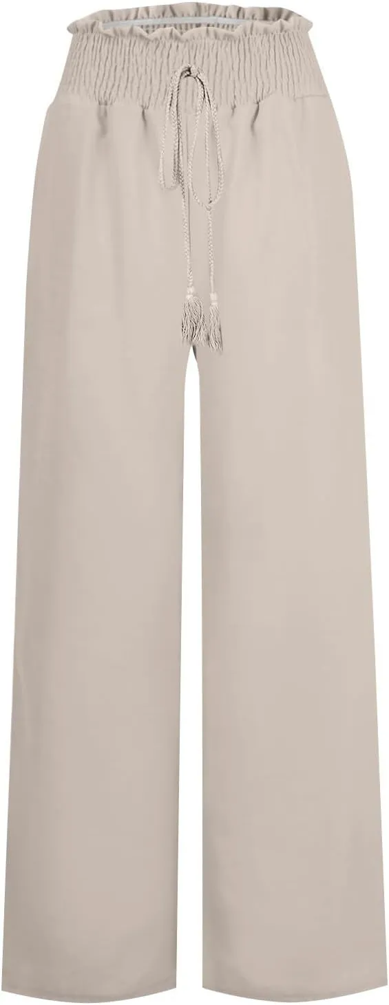 Women's Linen Blend Summer Lightweigt Pant Trousers Elastic Waisted Wide Leg Slim-Fit Pants Beach