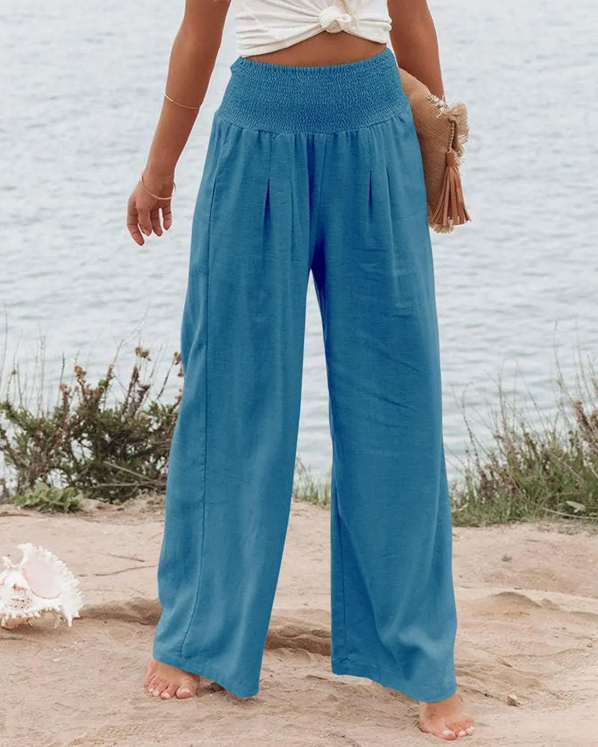 Womens Linen Palazzo Pants Boho Summer Lounge Pant Wide Leg High Waist Casual Pants Beach Travel Vacation Outfits